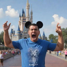 A Disney-styled adult character in a fit of anger, shouting at their unseen children in a non-threatening manner, with the enchanted Magic Kingdom castle in the background