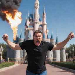 A Disney-styled adult character in a fit of anger, shouting at their unseen children in a non-threatening manner, with the enchanted Magic Kingdom castle in the background