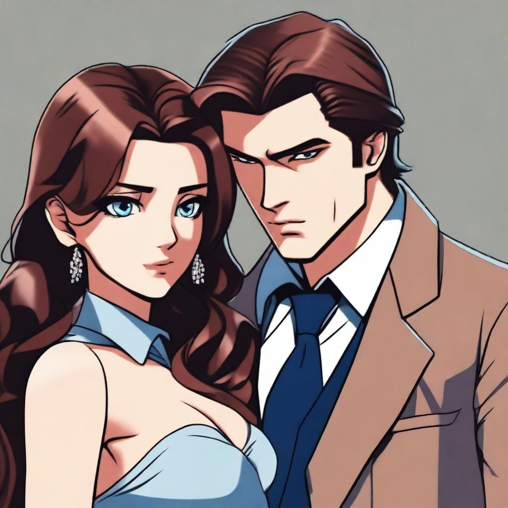 A young mafia boss with brown hair and brown eyes holding a girl with long brown hair and blue eyes