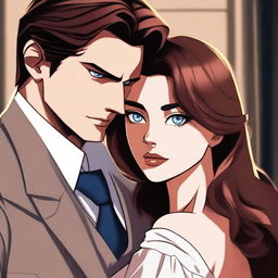 A young mafia boss with brown hair and brown eyes holding a girl with long brown hair and blue eyes