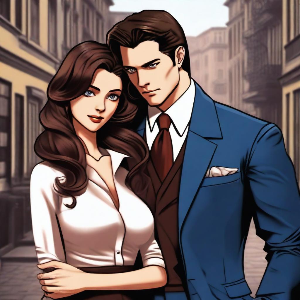 A young mafia boss with brown hair and brown eyes holding a girl with long brown hair and blue eyes