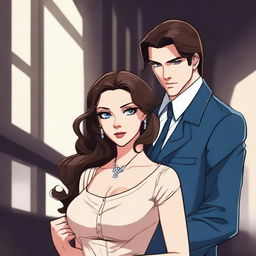 A young mafia boss with brown hair and brown eyes holding a girl with long brown hair and blue eyes