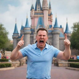 A Disney-styled adult character in a fit of anger, shouting at their unseen children in a non-threatening manner, with the enchanted Magic Kingdom castle in the background