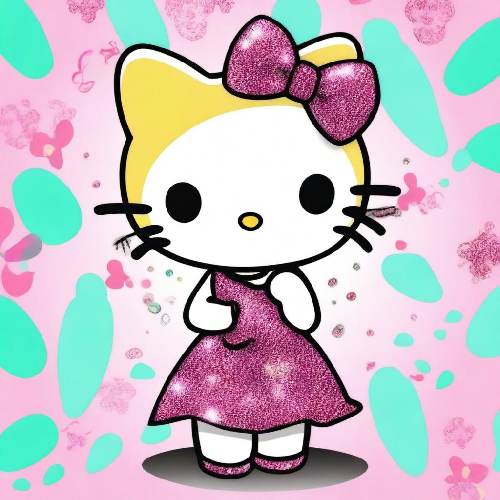 A cute Hello Kitty character with a cheetah print bow on her right ear, wearing a cheetah print dress with glitter