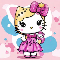 A cute Hello Kitty character with a cheetah print bow on her right ear, wearing a cheetah print dress with glitter