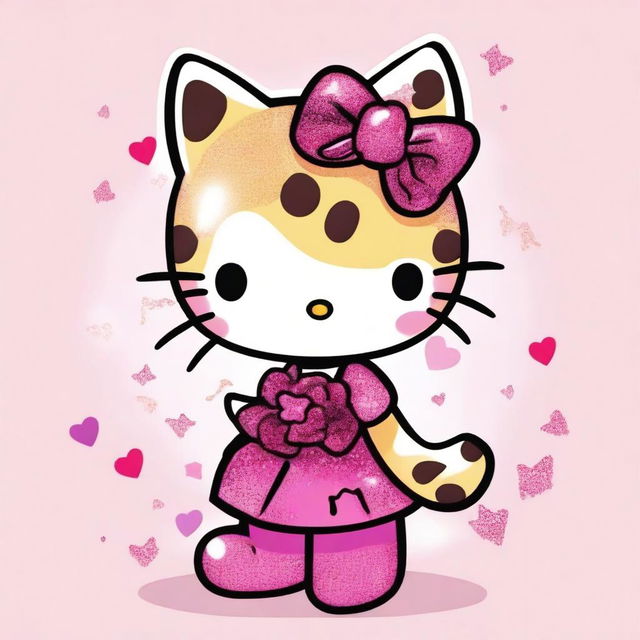 A cute Hello Kitty character with a cheetah print bow on her right ear, wearing a cheetah print dress with glitter