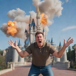 A Disney-styled adult character in a fit of anger, shouting at their unseen children in a non-threatening manner, with the enchanted Magic Kingdom castle in the background