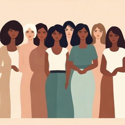 A beautiful and diverse group of women from different backgrounds and ethnicities, standing together in a harmonious and empowering scene