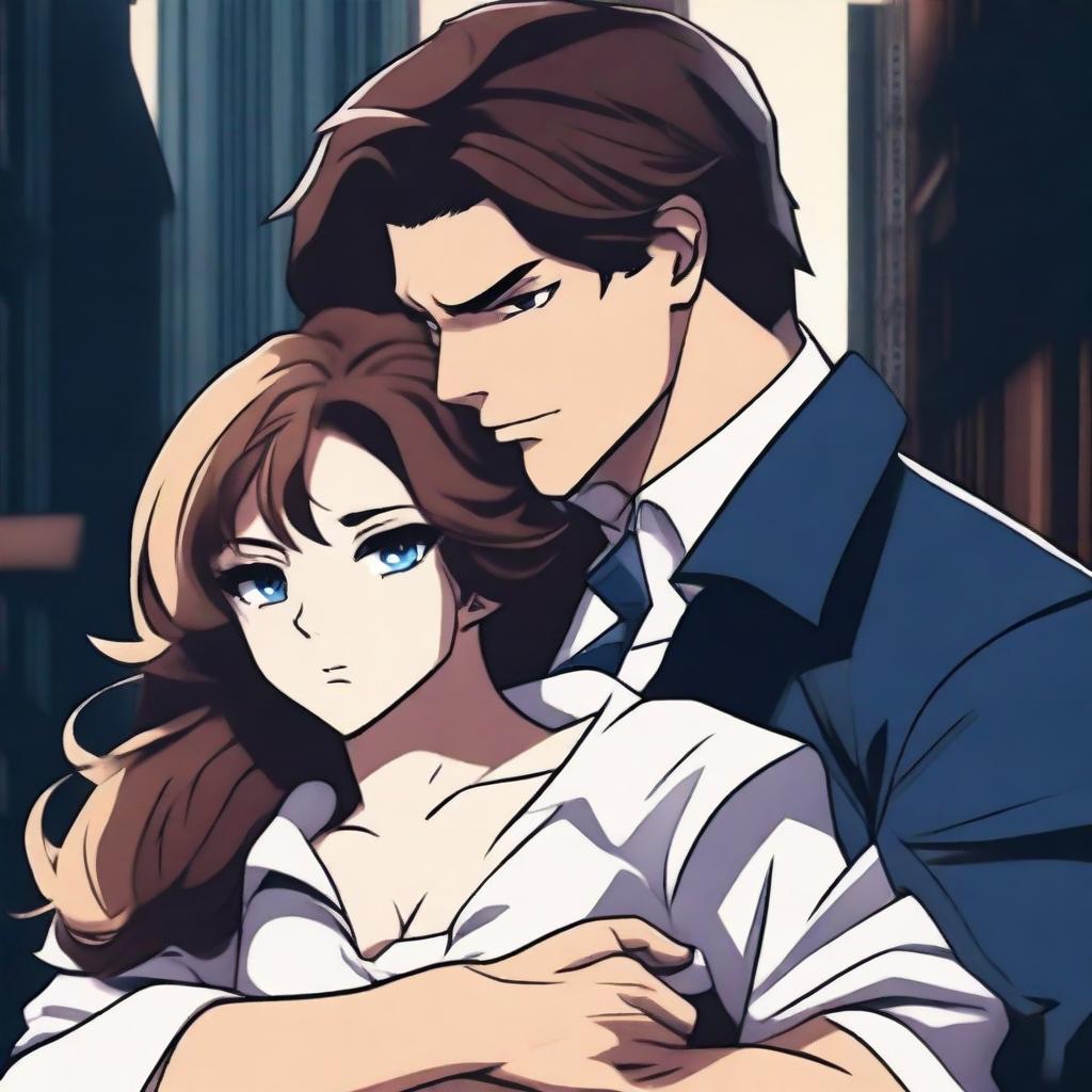 A young man who is a mafia boss, with brown eyes and short brown hair, holding a girl in his arms