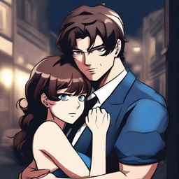 A young man who is a mafia boss, with brown eyes and short brown hair, holding a girl in his arms