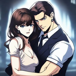 A young man who is a mafia boss, with brown eyes and short brown hair, holding a girl in his arms