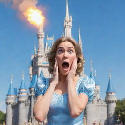 An over-heated and flustered mom in Disney-styled animation, shouting in frustration at her unseen kids in a non-threatening way, with the magical Cinderella Castle from Magic Kingdom in the backdrop