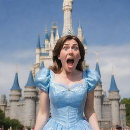 An over-heated and flustered mom in Disney-styled animation, shouting in frustration at her unseen kids in a non-threatening way, with the magical Cinderella Castle from Magic Kingdom in the backdrop