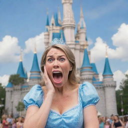 An over-heated and flustered mom in Disney-styled animation, shouting in frustration at her unseen kids in a non-threatening way, with the magical Cinderella Castle from Magic Kingdom in the backdrop