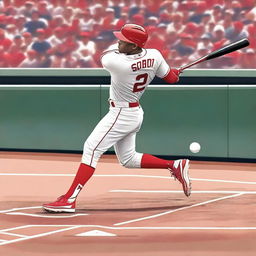 A detailed illustration of Juan Soto, the professional baseball player, swinging a bat during a pitch