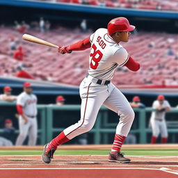 A detailed illustration of Juan Soto, the professional baseball player, swinging a bat during a pitch