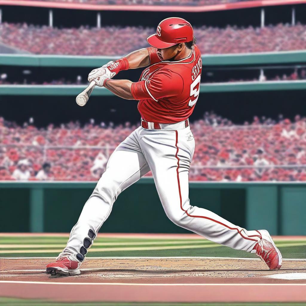 A detailed illustration of Juan Soto, the professional baseball player, swinging a bat during a pitch