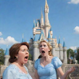 An over-heated and flustered mom in Disney-styled animation, shouting in frustration at her unseen kids in a non-threatening way, with the magical Cinderella Castle from Magic Kingdom in the backdrop