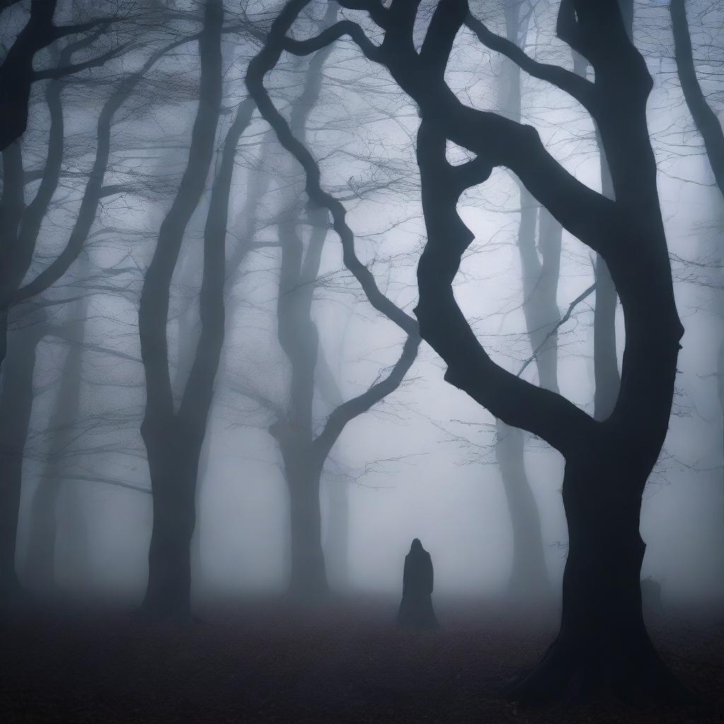 A dark and eerie forest scene at night with twisted trees, dense fog, and a ghostly figure in the background