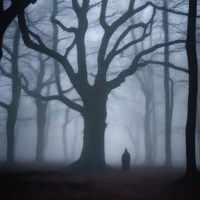 A dark and eerie forest scene at night with twisted trees, dense fog, and a ghostly figure in the background