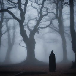 A dark and eerie forest scene at night with twisted trees, dense fog, and a ghostly figure in the background