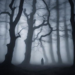 A dark and eerie forest scene at night with twisted trees, dense fog, and a ghostly figure in the background