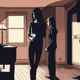 A suspenseful scene showing Kate in her new house, looking worried and holding a flashlight