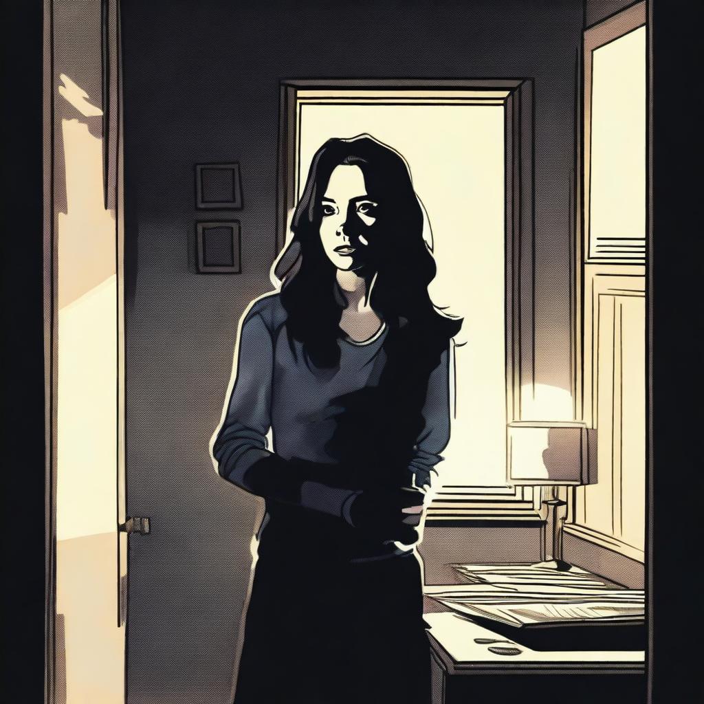 A suspenseful scene showing Kate in her new house, looking worried and holding a flashlight