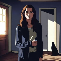 A suspenseful scene showing Kate in her new house, looking worried and holding a flashlight