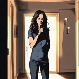 A suspenseful scene showing Kate in her new house, looking worried and holding a flashlight