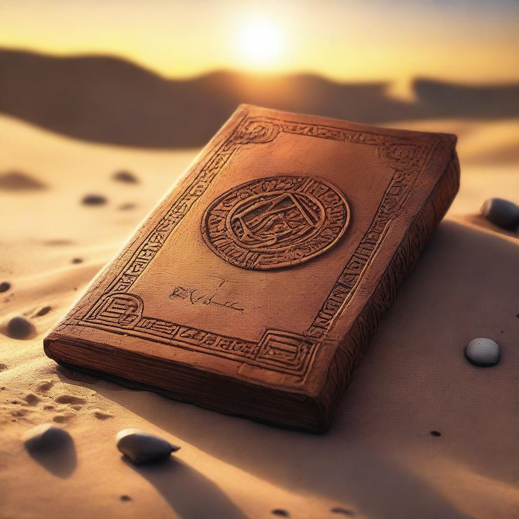 An ancient, weathered book partially buried in the sand of a desert