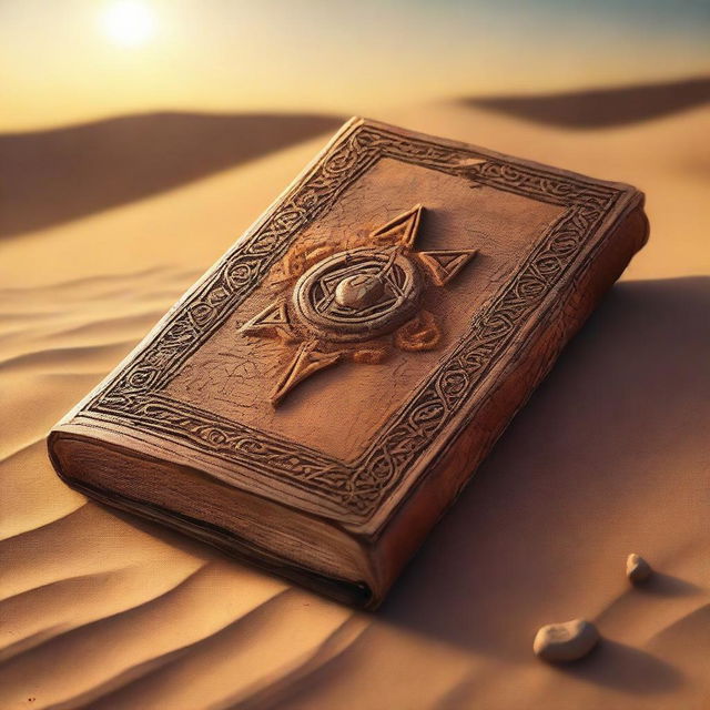 An ancient, weathered book partially buried in the sand of a desert