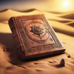 An ancient, weathered book partially buried in the sand of a desert