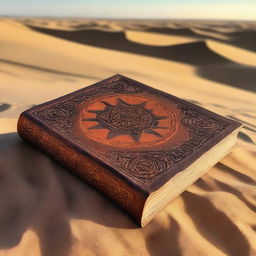 An ancient, weathered book partially buried in the sand of a desert