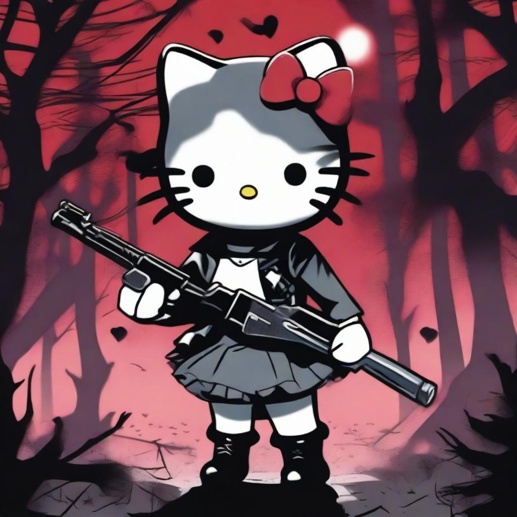 A dark and eerie scene featuring Hello Kitty in a sinister role, holding a weapon and surrounded by a spooky atmosphere, where she appears to be attacking people