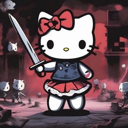 A dark and eerie scene featuring Hello Kitty in a sinister role, holding a weapon and surrounded by a spooky atmosphere, where she appears to be attacking people