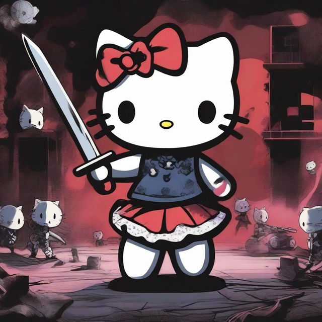 A dark and eerie scene featuring Hello Kitty in a sinister role, holding a weapon and surrounded by a spooky atmosphere, where she appears to be attacking people