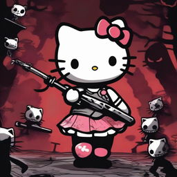 A dark and eerie scene featuring Hello Kitty in a sinister role, holding a weapon and surrounded by a spooky atmosphere, where she appears to be attacking people