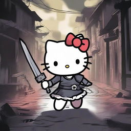 A dark and eerie scene featuring Hello Kitty in a sinister role, holding a weapon and surrounded by a spooky atmosphere, where she appears to be attacking people