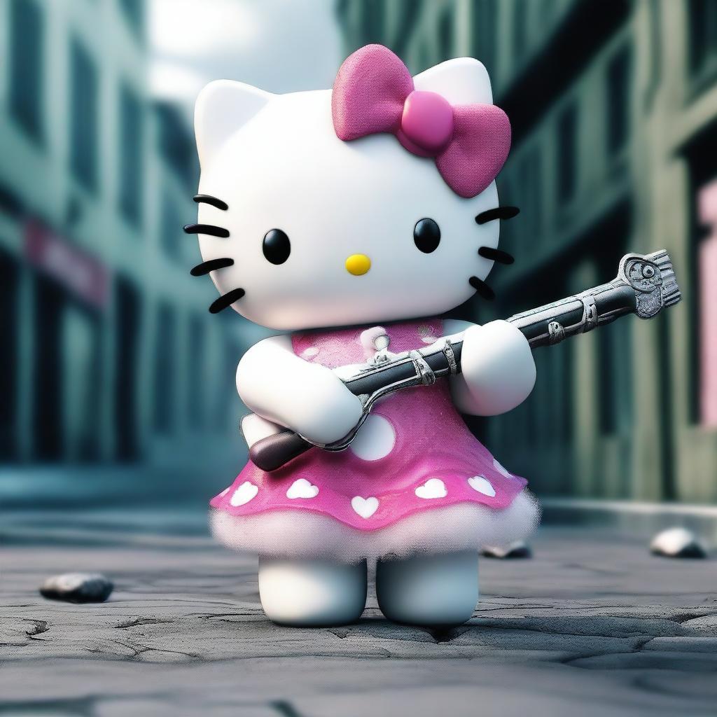 A highly detailed 3D rendering of Hello Kitty with beautiful, realistic fur, depicted in a dark and eerie scene where she is holding a weapon and attacking people