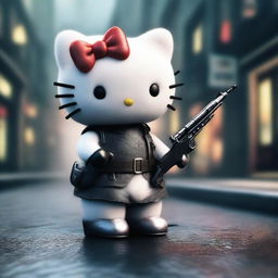 A highly detailed 3D rendering of Hello Kitty with beautiful, realistic fur, depicted in a dark and eerie scene where she is holding a weapon and attacking people