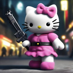 A highly detailed 3D rendering of Hello Kitty with beautiful, realistic fur, depicted in a dark and eerie scene where she is holding a weapon and attacking people