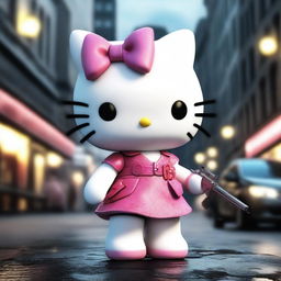 A highly detailed 3D rendering of Hello Kitty with beautiful, realistic fur, depicted in a dark and eerie scene where she is holding a weapon and attacking people