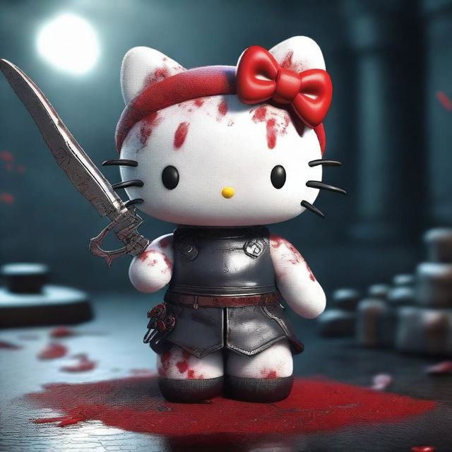 A highly detailed 3D rendering of Hello Kitty with beautiful, realistic fur, depicted in a dark and eerie scene