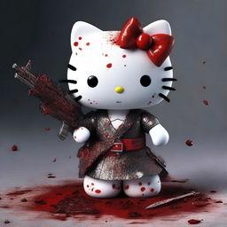 A highly detailed 3D rendering of Hello Kitty with beautiful, realistic fur, depicted in a dark and eerie scene