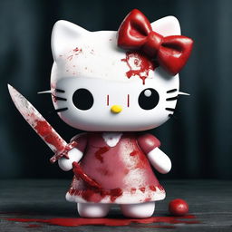 A highly detailed 3D rendering of Hello Kitty with beautiful, realistic fur, depicted in a dark and eerie scene