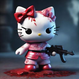 A highly detailed 3D rendering of Hello Kitty with beautiful, realistic fur, depicted in a dark and eerie scene