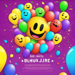 A colorful and fun party invitation featuring various popular emojis like smiley faces, party poppers, and balloons