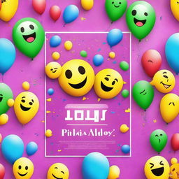 A colorful and fun party invitation featuring various popular emojis like smiley faces, party poppers, and balloons