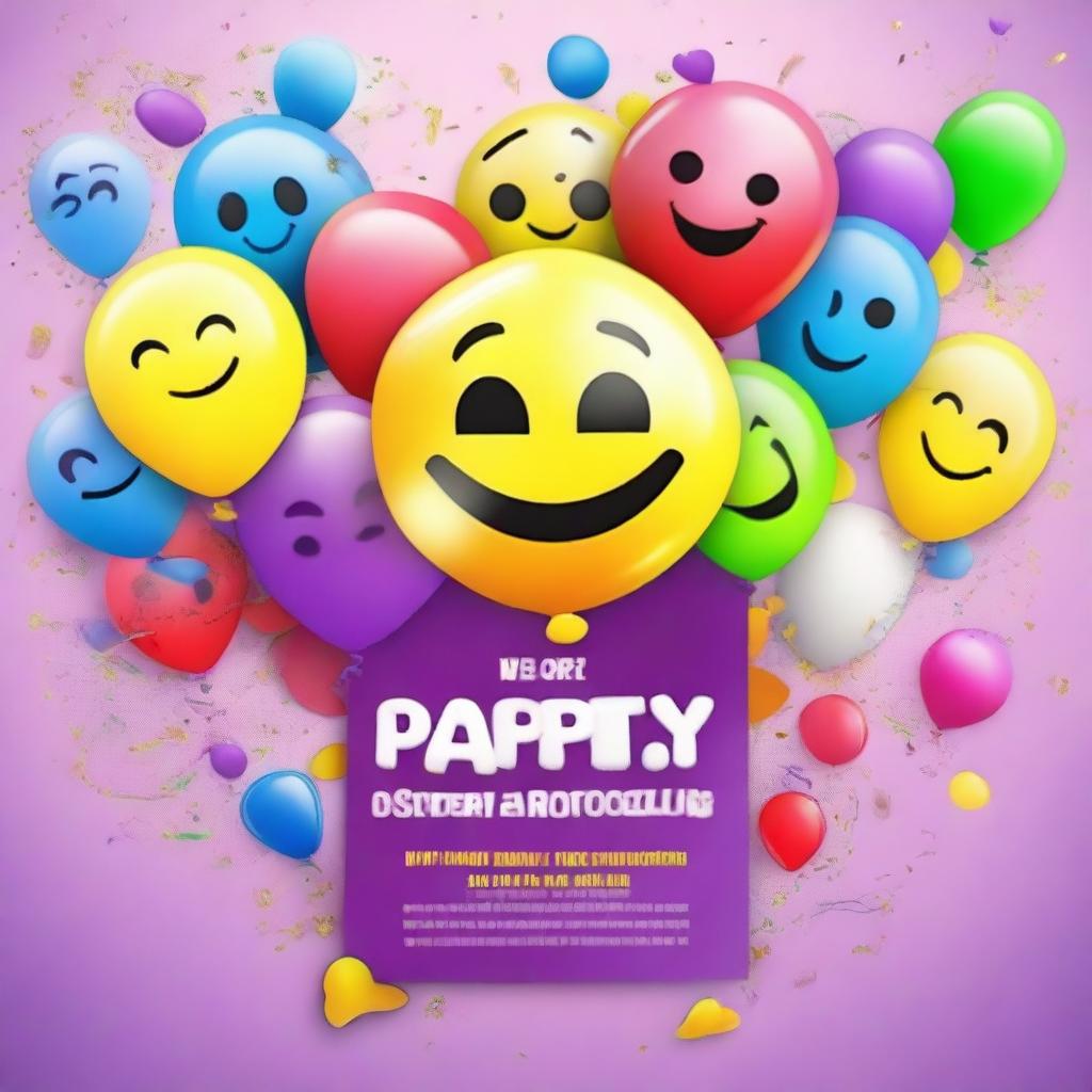 A colorful and fun party invitation featuring various popular emojis like smiley faces, party poppers, and balloons